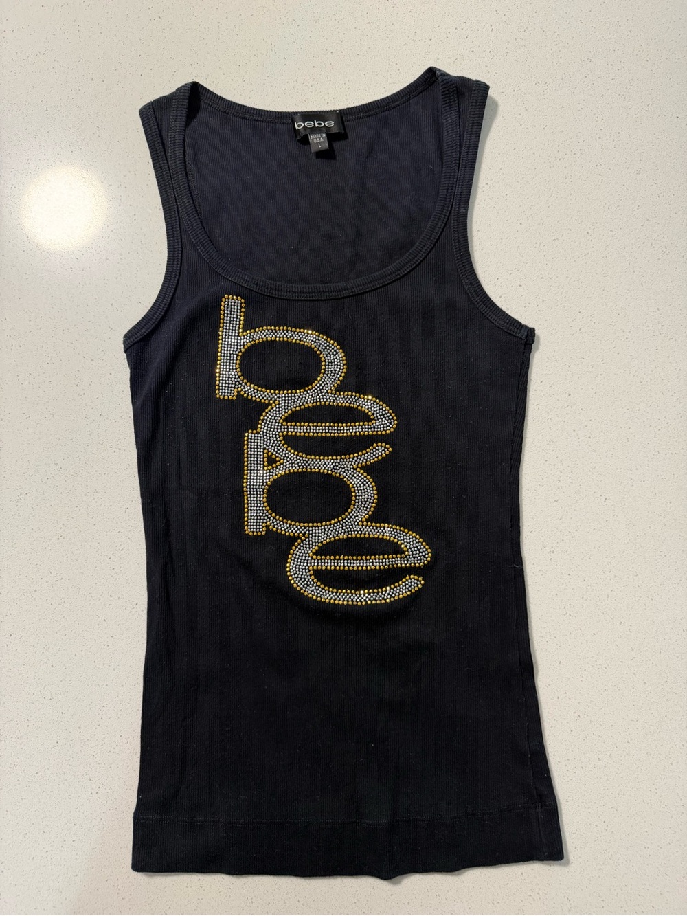 bebe Black Tank with Gold & Silver Rhinestone Logo